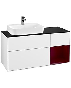 Villeroy und Boch Finion Waschtischunterschrank F402HBGF 120cm, Abdeckplatte black matt, Regal rechts Peony, Glossy white lacquer