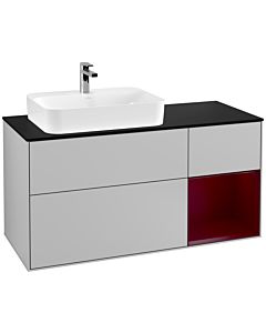 Villeroy und Boch Finion Waschtischunterschrank F402HBGJ 120cm, Abdeckplatte black matt, Regal rechts Peony, Light grey matt