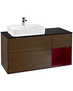 Villeroy und Boch Finion Waschtischunterschrank F402HBGN 120cm, Abdeckplatte black matt, Regal rechts Peony, Walnut veneer
