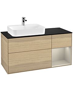Villeroy und Boch Finion Waschtischunterschrank F402HHPC 120cm, Abdeckplatte black matt, Regal rechts Sand Matt, Oak Veneer