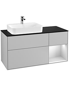 Villeroy und Boch Finion Waschtischunterschrank F402MTGJ 120cm, Abdeckplatte black matt, Regal rechts White matt lacquer, Light grey matt