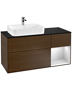 Villeroy und Boch Finion Waschtischunterschrank F402MTGN 120cm, Abdeckplatte black matt, Regal rechts White matt lacquer, Walnut veneer