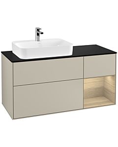 Villeroy und Boch Finion Waschtischunterschrank F402PCHH 120cm, Abdeckplatte black matt, Regal rechts Oak Veneer, Sand Matt Lacquer