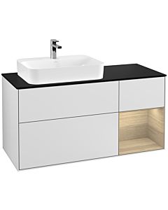 Villeroy und Boch Finion Waschtischunterschrank F402PCMT 120cm, Abdeckplatte black matt, Regal rechts Oak Veneer, White matt lacquer