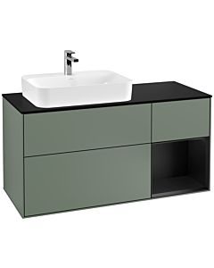 Villeroy und Boch Finion Waschtischunterschrank F402PDGM 120cm, Abdeckplatte black matt, Regal rechts Black matt lacquer, Olive Matt Lacquer