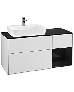 Villeroy und Boch Finion Waschtischunterschrank F402PHMT 120cm, Abdeckplatte black matt, Regal rechts Glossy Black Lacquer, White matt lacquer