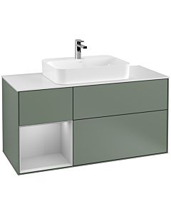 Villeroy und Boch Finion Villeroy und Boch F411GJGM 120cm, plaque de finition blanc mat, étagère gauche gris clair mat, Olive Matt Lacquer
