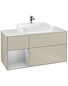 Villeroy und Boch Finion Waschtischunterschrank F411GJHH 120cm, Abdeckplatte white matt, Regal links Light grey matt, Sand Matt Lacquer