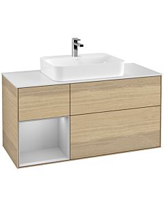 Villeroy und Boch Finion Waschtischunterschrank F411GJPC 120cm, Abdeckplatte white matt, Regal links Light grey matt, Oak Veneer