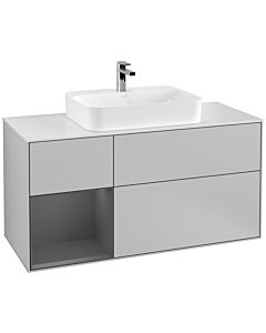 Villeroy und Boch Finion Waschtischunterschrank F411GKGJ 120cm, Abdeckplatte white matt, Regal links Anthracite matt, Light grey matt