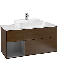 Villeroy und Boch Finion Villeroy und Boch F411GKGN 120cm, plaque de finition blanc mat, étagère gauche anthracite mat, placage noyer