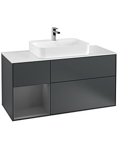 Villeroy und Boch Finion Waschtischunterschrank F411GKHG 120cm, Abdeckplatte white matt, Regal links Anthracite matt, Midnight Blue Matt Lacquer