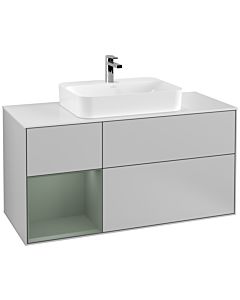Villeroy und Boch Finion Waschtischunterschrank F411GMGJ 120cm, Abdeckplatte white matt, Regal links Olive Matt Lacquer, Light grey matt