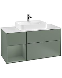 Villeroy und Boch Finion Waschtischunterschrank F411GMGM 120cm, Abdeckplatte white matt, Regal links Olive Matt Lacquer, Olive Matt Lacquer