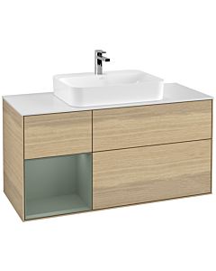 Villeroy und Boch Finion Waschtischunterschrank F411GMPC 120cm, Abdeckplatte white matt, Regal links Olive Matt Lacquer, Oak Veneer