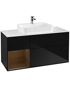 Villeroy und Boch Finion Waschtischunterschrank F411GNPH 120cm, Abdeckplatte white matt, Regal links Walnut veneer, Glossy Black Lacquer