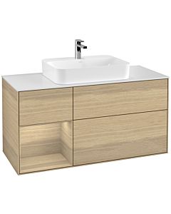 Villeroy und Boch Finion Waschtischunterschrank F411PCPC 120cm, Abdeckplatte white matt, Regal links Oak Veneer, Oak Veneer