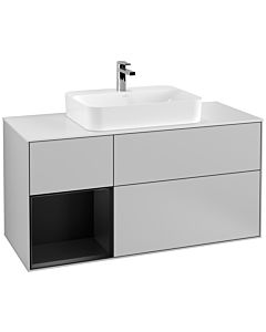 Villeroy und Boch Finion Waschtischunterschrank F411PDGJ 120cm, Abdeckplatte white matt, Regal links Black matt lacquer, Light grey matt
