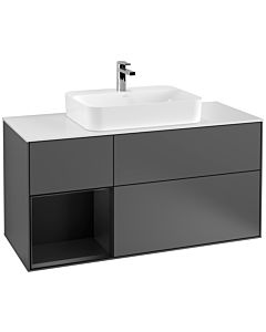 Villeroy und Boch Finion Waschtischunterschrank F411PDGK 120cm, Abdeckplatte white matt, Regal links Black matt lacquer, Anthracite matt