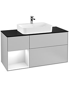 Villeroy und Boch Finion Villeroy und Boch F412GFGJ 120cm, plaque de finition noir mat, étagère gauche laqué blanc brillant, gris clair mat