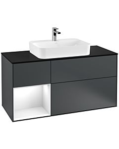Villeroy und Boch Finion Waschtischunterschrank F412GFHG 120cm, Abdeckplatte black matt, Regal links Glossy white lacquer, Midnight Blue Matt Lacquer