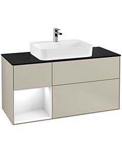 Villeroy und Boch Finion Waschtischunterschrank F412GFHH 120cm, Abdeckplatte black matt, Regal links Glossy white lacquer, Sand Matt Lacquer