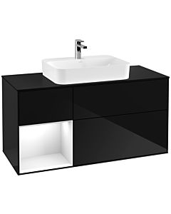 Villeroy und Boch Finion Villeroy und Boch F412GFPH 120cm, plaque de finition noir mat, étagère gauche laqué blanc brillant, Glossy Black Lacquer