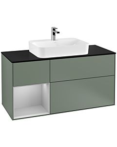 Villeroy und Boch Finion Waschtischunterschrank F412GJGM 120cm, Abdeckplatte black matt, Regal links Light grey matt, Olive Matt Lacquer