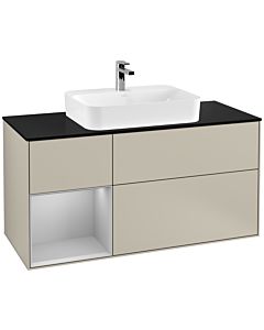 Villeroy und Boch Finion Waschtischunterschrank F412GJHH 120cm, Abdeckplatte black matt, Regal links Light grey matt, Sand Matt Lacquer
