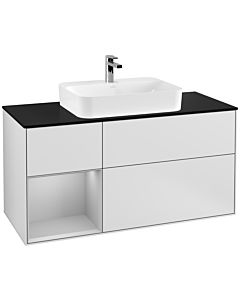 Villeroy und Boch Finion Waschtischunterschrank F412GJMT 120cm, Abdeckplatte black matt, Regal links Light grey matt, White matt lacquer