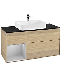 Villeroy und Boch Finion Waschtischunterschrank F412GJPC 120cm, Abdeckplatte black matt, Regal links Light grey matt, Oak Veneer