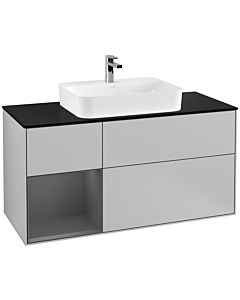 Villeroy und Boch Finion Waschtischunterschrank F412GKGJ 120cm, Abdeckplatte black matt, Regal links Anthracite matt, Light grey matt