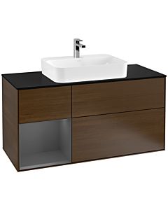 Villeroy und Boch Finion Waschtischunterschrank F412GKGN 120cm, Abdeckplatte black matt, Regal links Anthracite matt, Walnut veneer