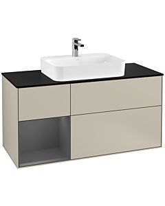 Villeroy und Boch Finion Waschtischunterschrank F412GKHH 120cm, Abdeckplatte black matt, Regal links Anthracite matt, Sand Matt Lacquer