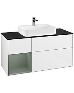 Villeroy und Boch Finion Waschtischunterschrank F412GMGF 120cm, Abdeckplatte black matt, Regal links Olive Matt Lacquer, Glossy white lacquer