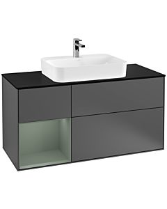 Villeroy und Boch Finion Waschtischunterschrank F412GMGK 120cm, Abdeckplatte black matt, Regal links Olive Matt Lacquer, Anthracite matt