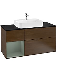 Villeroy und Boch Finion Waschtischunterschrank F412GMGN 120cm, Abdeckplatte black matt, Regal links Olive Matt Lacquer, Walnut veneer