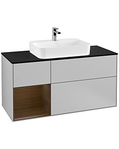 Villeroy und Boch Finion Waschtischunterschrank F412GNGJ 120cm, Abdeckplatte black matt, Regal links Walnut veneer, Light grey matt
