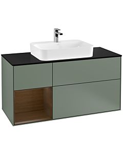 Villeroy und Boch Finion Waschtischunterschrank F412GNGM 120cm, Abdeckplatte black matt, Regal links Walnut veneer, Olive Matt Lacquer