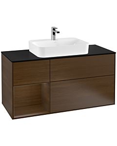 Villeroy und Boch Finion Waschtischunterschrank F412GNGN 120cm, Abdeckplatte black matt, Regal links Walnut veneer, Walnut veneer
