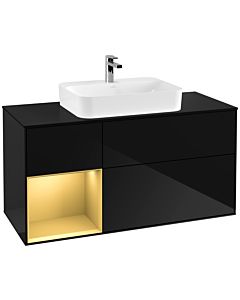 Villeroy und Boch Finion Waschtischunterschrank F412HFPH 120cm, Abdeckplatte black matt, Regal links Gold matt, Glossy Black Lacquer