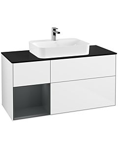 Villeroy und Boch Finion Waschtischunterschrank F412HGGF 120cm, Abdeckplatte black matt, Regal links Midnight Blue Matt Lacquer, Glossy white lacquer