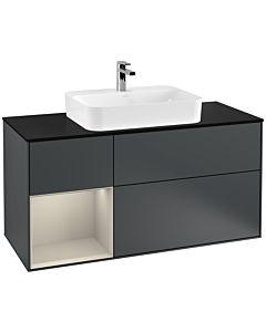Villeroy und Boch Finion Waschtischunterschrank F412HHHG 120cm, Abdeckplatte black matt, Regal links Sand Matt Lacquer, Midnight Blue Matt Lacquer