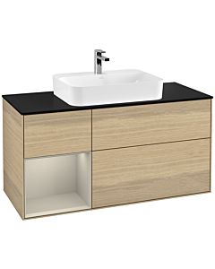 Villeroy und Boch Finion Waschtischunterschrank F412HHPC 120cm, Abdeckplatte black matt, Regal links Sand Matt Lacquer, Oak Veneer