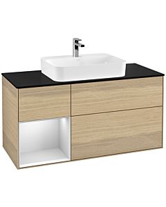 Villeroy und Boch Finion Waschtischunterschrank F412MTPC 120cm, Abdeckplatte black matt, Regal links White matt lacquer, Oak Veneer