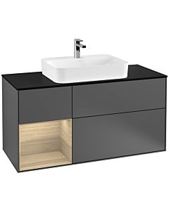 Villeroy und Boch Finion Waschtischunterschrank F412PCGK 120cm, Abdeckplatte black matt, Regal links Oak Veneer, Anthracite matt