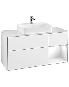 Villeroy und Boch Finion Villeroy und Boch F421GFGF 120cm, plaque de finition blanc mat, étagère à droite laqué blanc brillant, laqué blanc brillant
