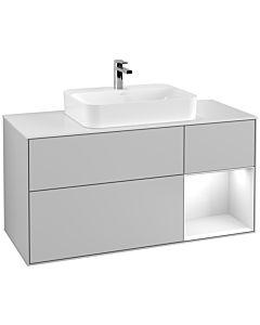 Villeroy und Boch Finion Villeroy und Boch F421GFGJ 120cm, plaque de finition blanc mat, étagère à droite laqué blanc brillant, gris clair mat