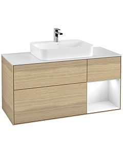 Villeroy und Boch Finion Villeroy und Boch F421GFPC 120cm, plaque de finition blanc mat, étagère à droite Laque blanc brillant, Oak Veneer
