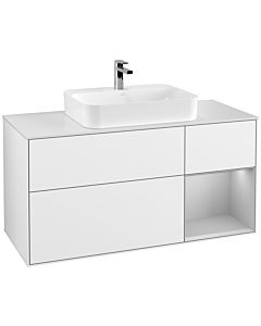 Villeroy und Boch Finion Waschtischunterschrank F421GJGF 120cm, Abdeckplatte white matt, Regal rechts Light grey matt, Glossy white lacquer